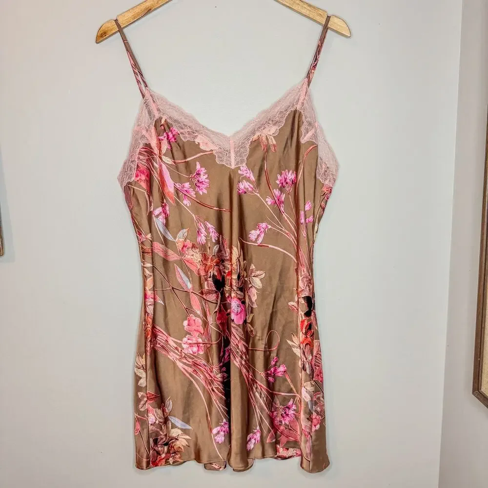 Midnight Bakery Floral Satin Kimono Robe & Lace Trim Slip Dress Set Size L